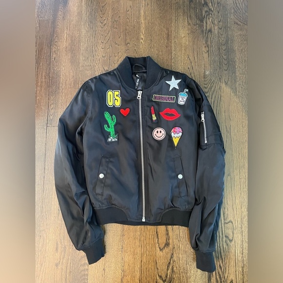 Design Lab Jackets & Blazers - Design Lab Bomber Jacket Black Satin Patches Lips Lipstick Smiley Face Cactus